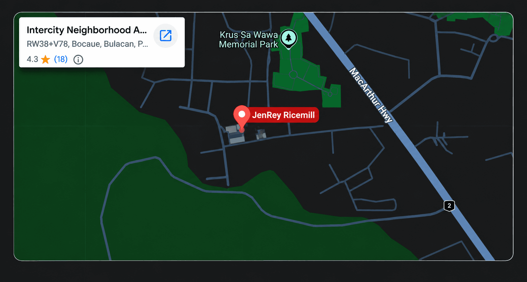 Google Maps view showing the JENREY RICEMILL area at Intercity Gate 1, Wakas, Bocaue, Bulacan